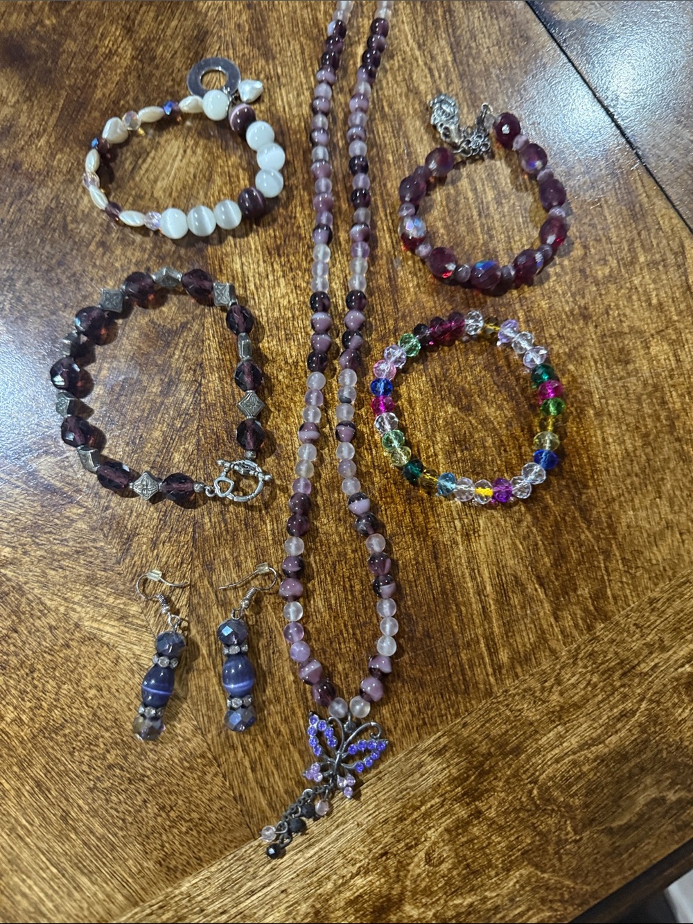 Purple Beaded Butterfly Necklace and Bracelet Set - Women Jewelry